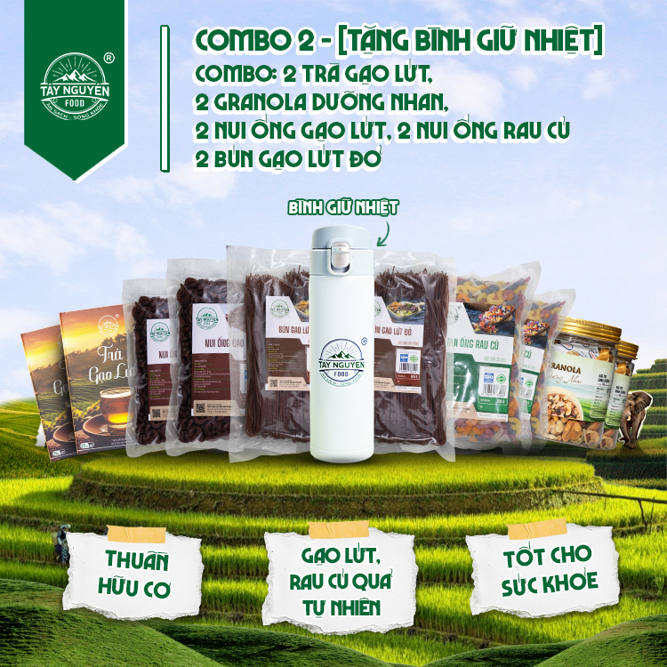 [Tặng Bình Giữ Nhiệt] Combo 2 Trà gạo lứt, 2 Granola Dưỡng nhan, 2 Nui ống gạo lứt, 2 Nui ống rau củ và 2 Bún gạo lứt đỏ