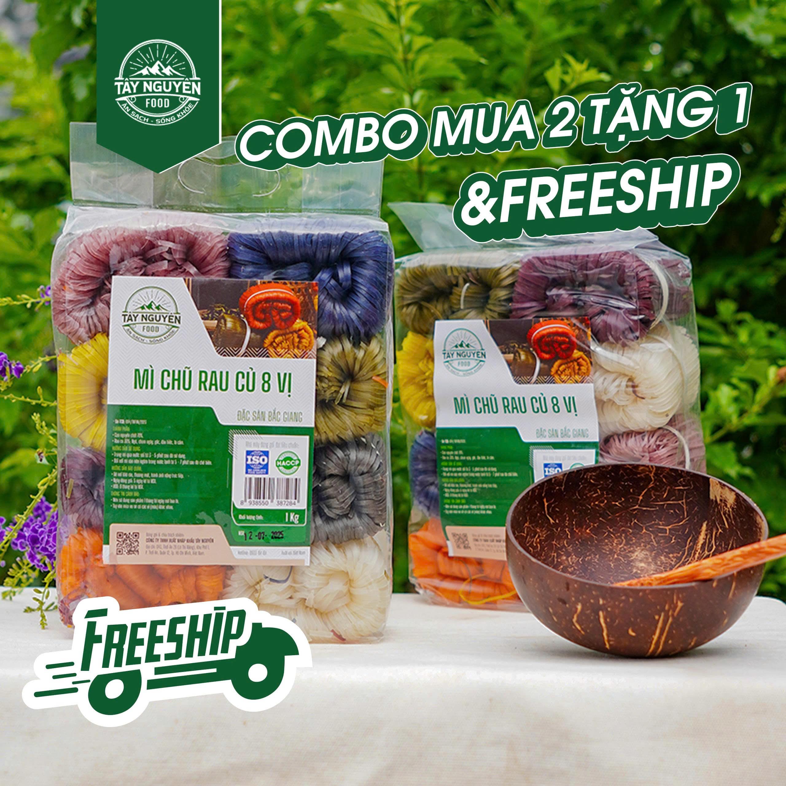 Combo 2 Mì chũ rau củ 8 vị kèm Bộ gáo dừa thìa gỗ