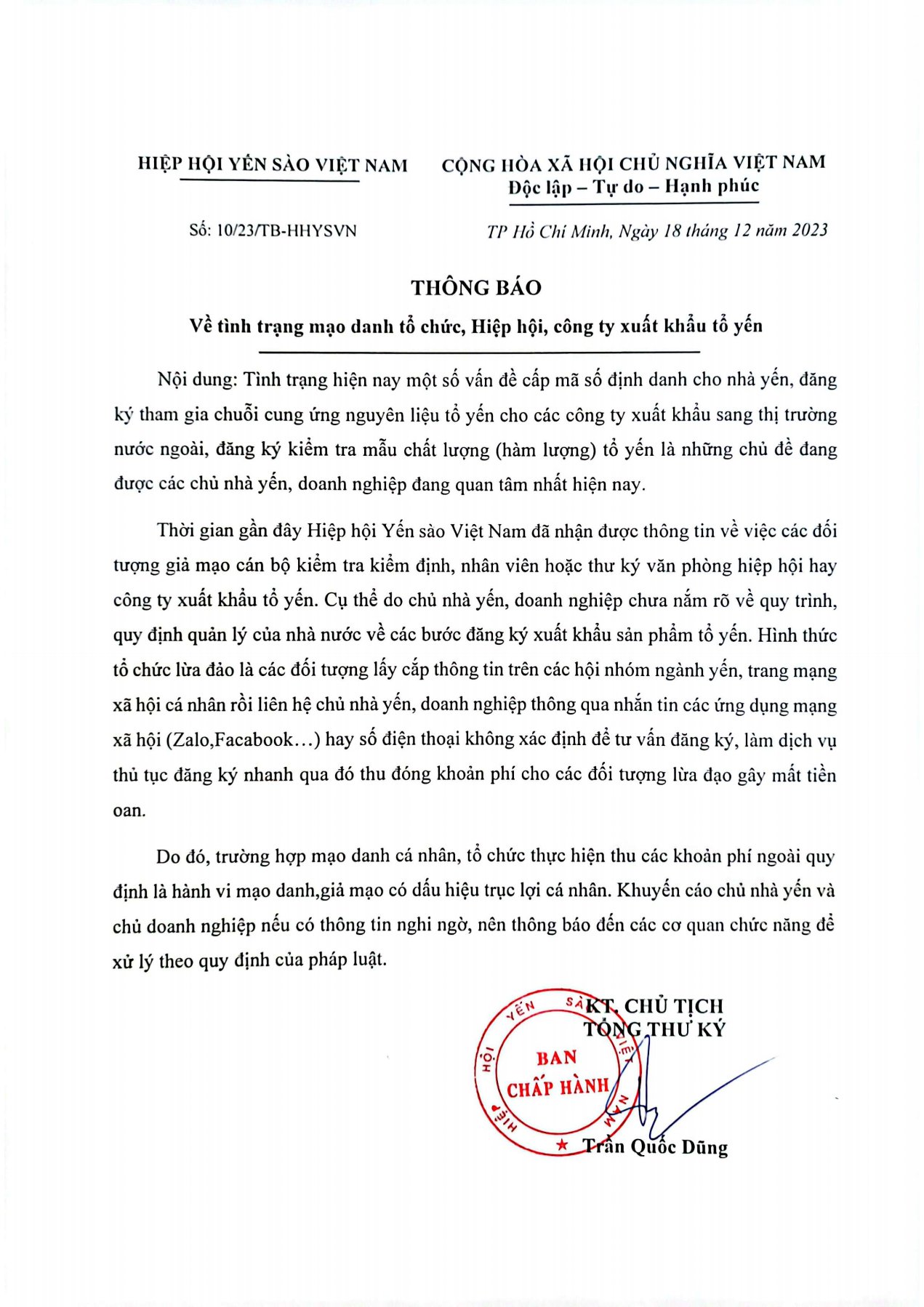 Thông Báo”Về tình trạng mạo danh tổ chức, hiệp hội, công ty xuất khẩu tổ yến”