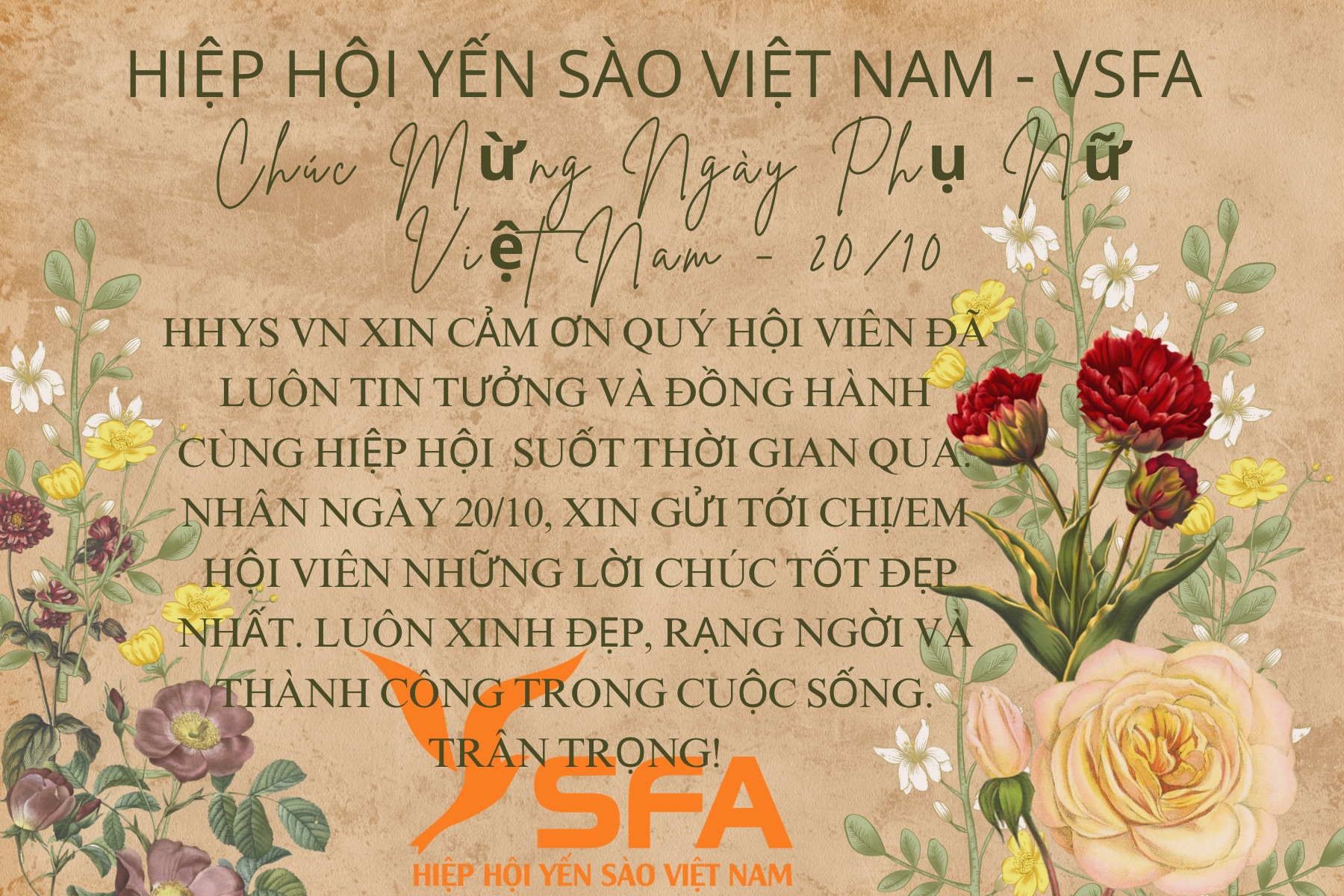 GỞI LỜI CẢM ƠN, CHÚC MỪNG NGÀY PHỤ NỮ VIỆT NAM 20/10 - HIỆP HỘI YẾN SÀO VIÊT NAM(VSFA)