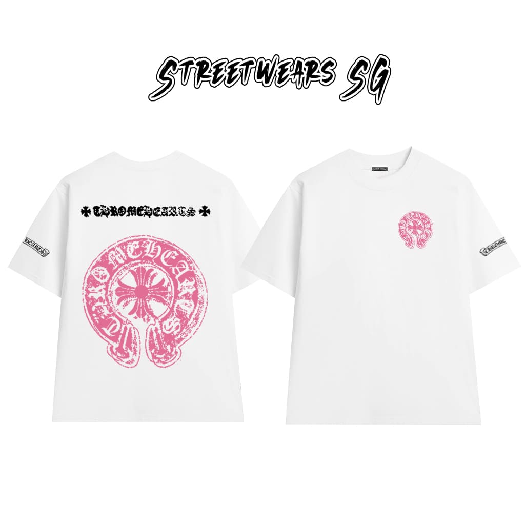 Áo Thun Chrome Pink Distressed Horseshoe Graphics Cotton Cao Cấp Form Rộng Unisex - Streetwears SG - CH66