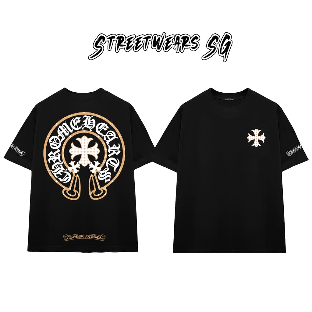 Áo Thun Chrome Gold Trim Cross Cotton Cao Cấp Form Rộng Unisex - Streetwears SG - CH105