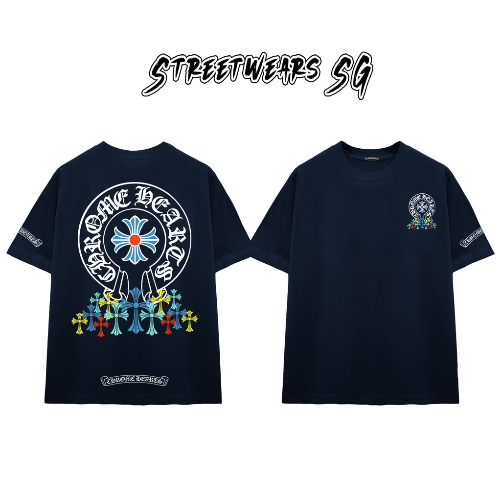 Áo Thun Chrome Blue Circular Cross & Rainbow Drop Cotton Cao Cấp Form Rộng Unisex - Streetwears SG - CH69