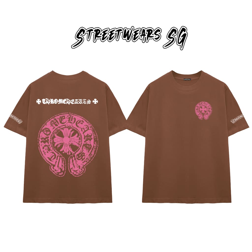 Áo Thun Chrome Pink Distressed Horseshoe Graphics Cotton Cao Cấp Form Rộng Unisex - Streetwears SG - CH66