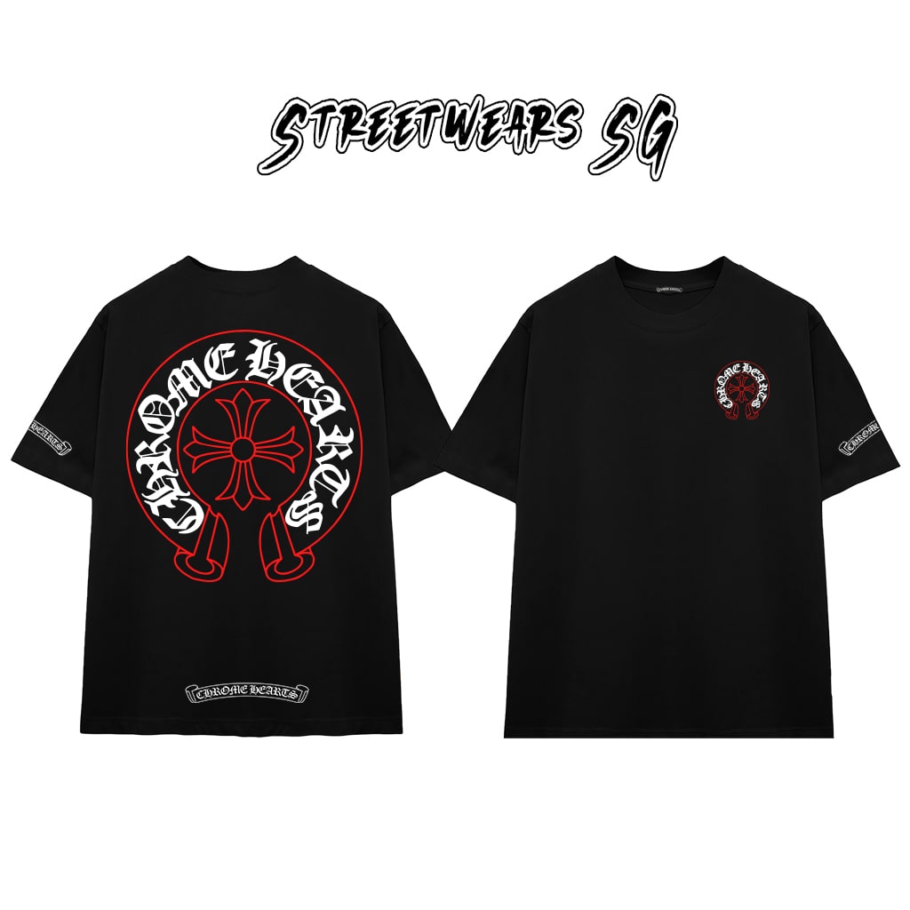 Áo Thun Chrome Gothic Red Line Cross  Cotton Cao Cấp Form Rộng Unisex - Streetwears SG - CH81