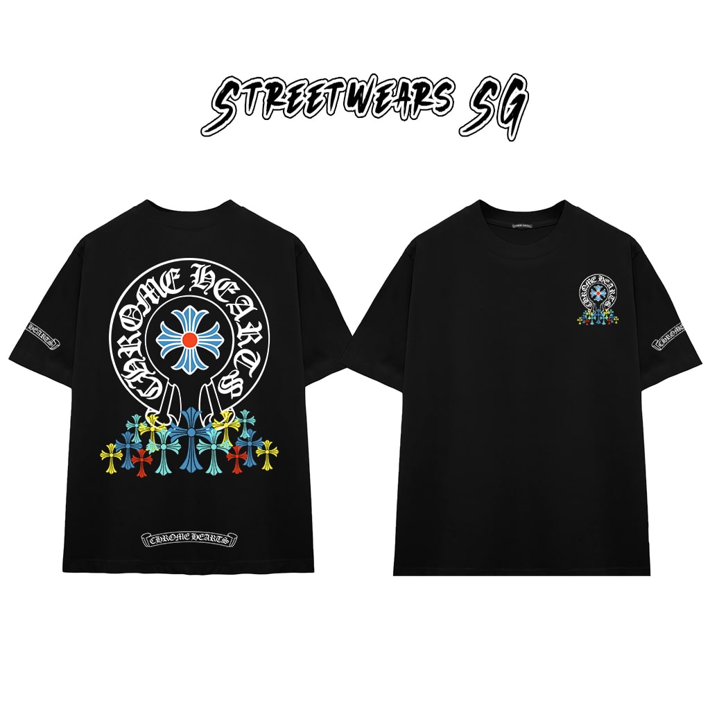 Áo Thun Chrome Blue Circular Cross & Rainbow Drop Cotton Cao Cấp Form Rộng Unisex - Streetwears SG - CH69