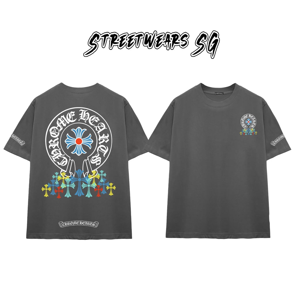 Áo Thun Chrome Blue Circular Cross & Rainbow Drop Cotton Cao Cấp Form Rộng Unisex - Streetwears SG - CH69