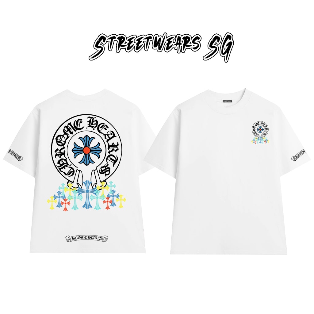 Áo Thun Chrome Blue Circular Cross & Rainbow Drop Cotton Cao Cấp Form Rộng Unisex - Streetwears SG - CH69