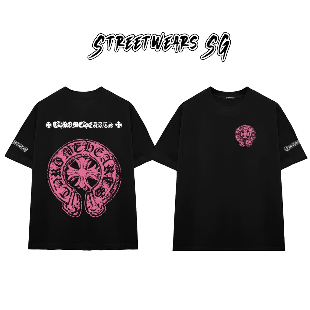 Áo Thun Chrome Pink Distressed Horseshoe Graphics Cotton Cao Cấp Form Rộng Unisex - Streetwears SG - CH66