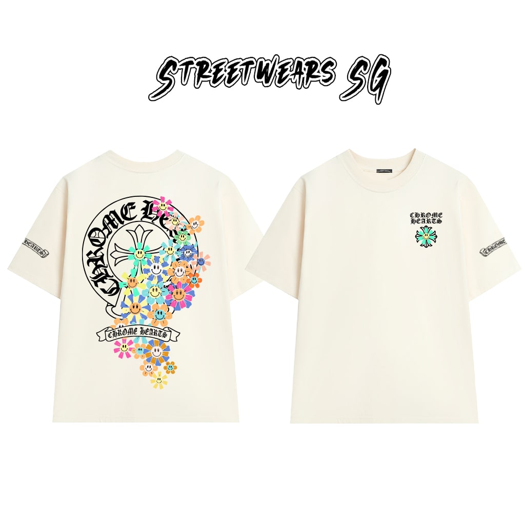 Áo Thun Chrome Multicolor Flowers Smile Graphics Cotton Cao Cấp Form Rộng Unisex - Streetwears SG - CH53