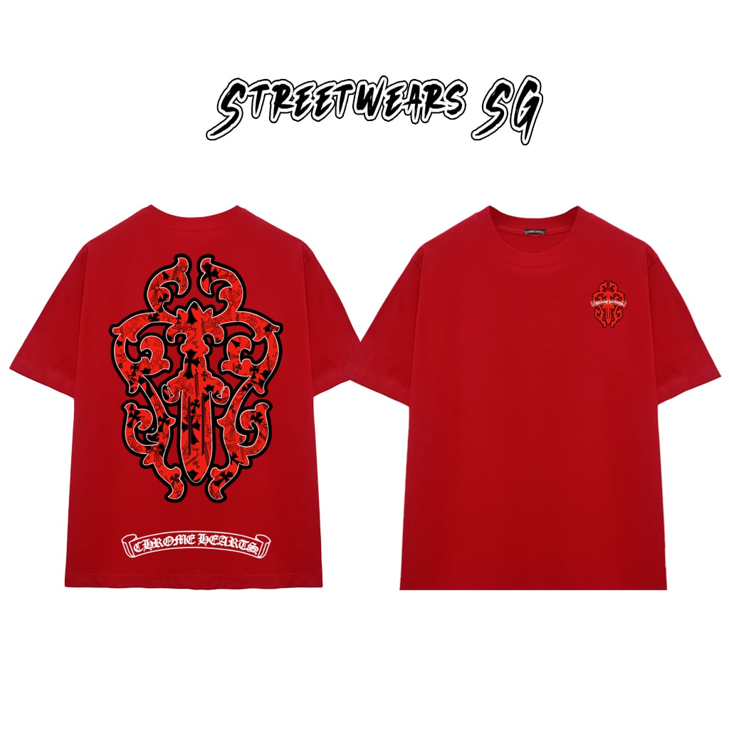 Áo Thun Chrome Heart Gothic Red Gothic Crest Cotton Cao Cấp Form Rộng Unisex - Streetwears SG - CH17
