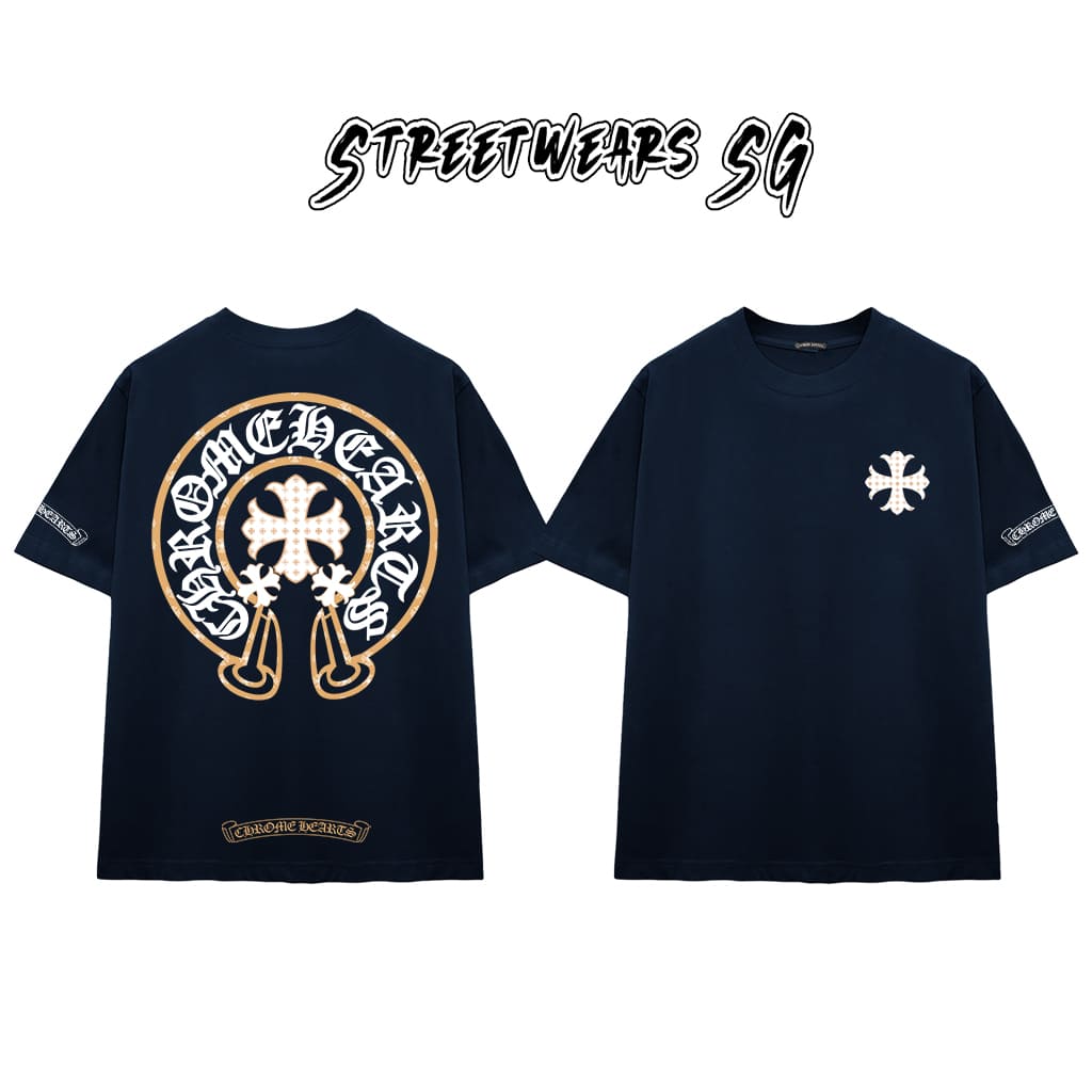 Áo Thun Chrome Gold Trim Cross Cotton Cao Cấp Form Rộng Unisex - Streetwears SG - CH105