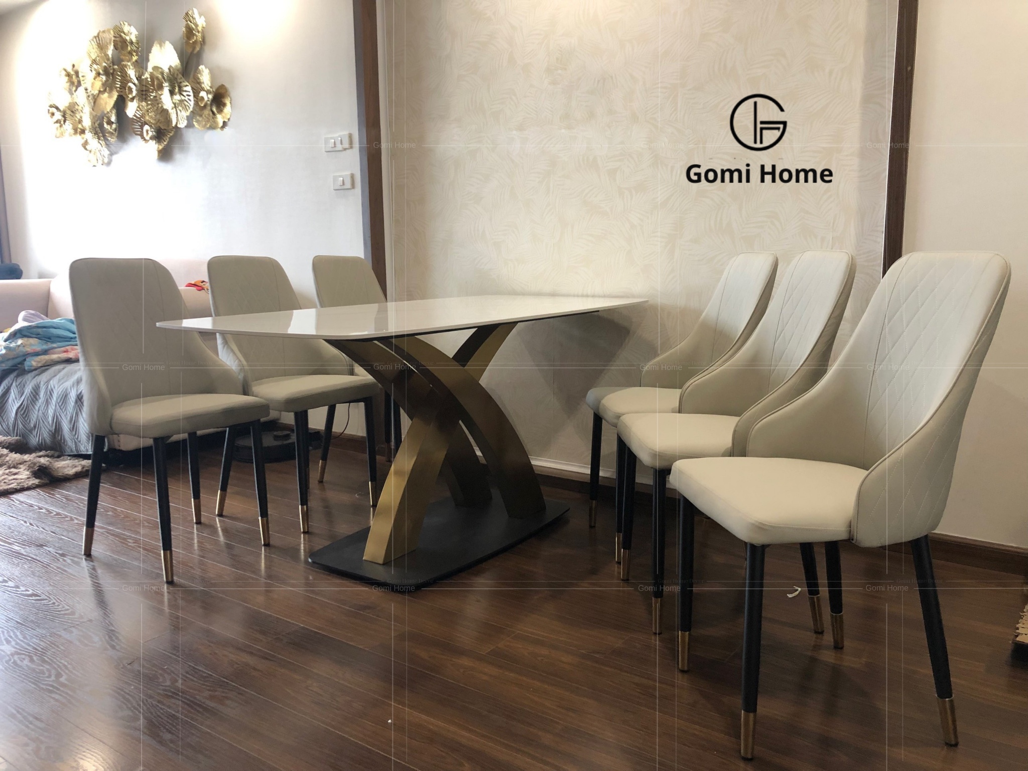 Bộ Bàn Ăn Chân Đan Inox Mạ PVD + 6 Ghế Sheraton