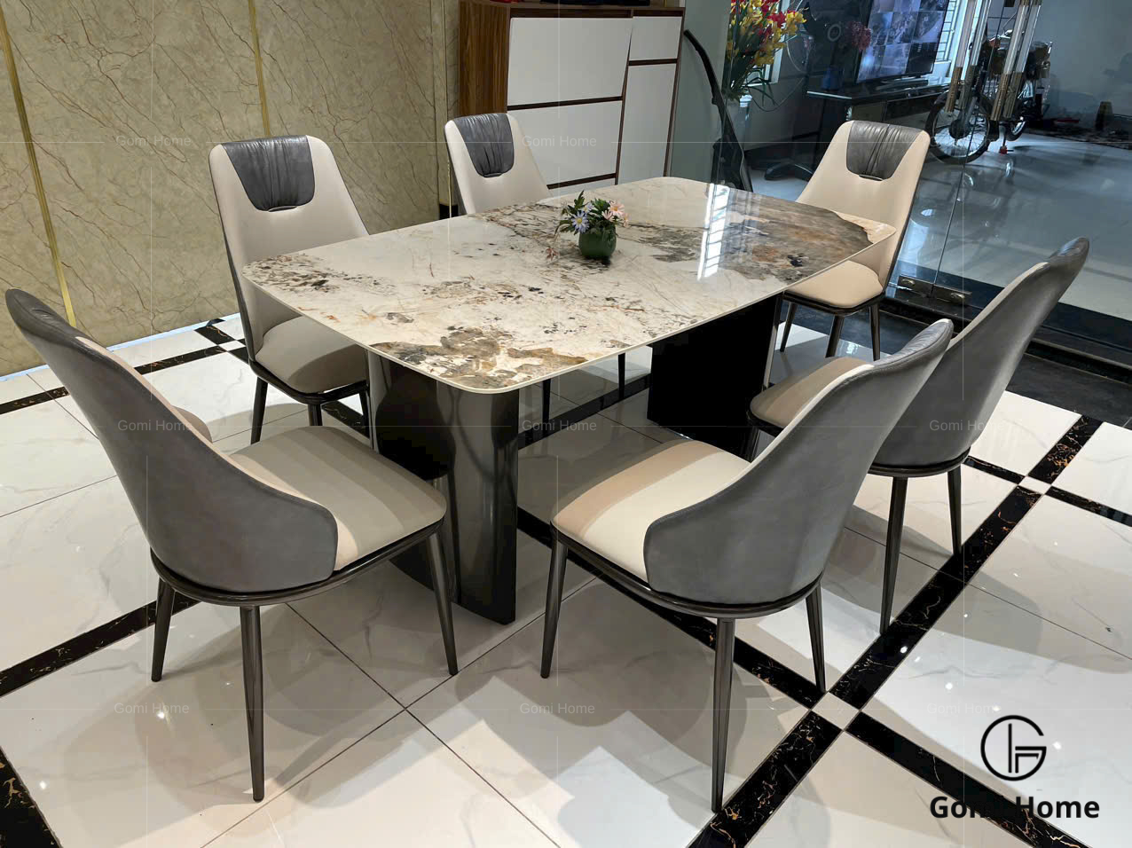 Bộ Bàn Ăn Chân Nửa Trụ Đối ( Đá Siêu Tinh Thể )