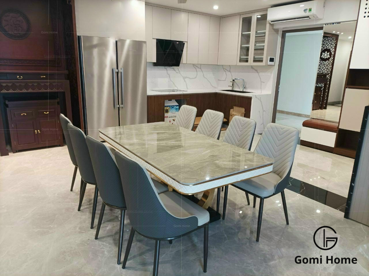 Bộ Bàn Ăn Chân OO Inox Mạ PVD + 6 Ghế Sheraton (V)