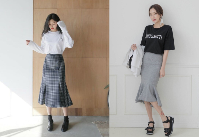 Phối áo thun Unisex nữ với chân váy dài xếp ly Phối áo thun Unisex nữ với chân váy dài xếp ly