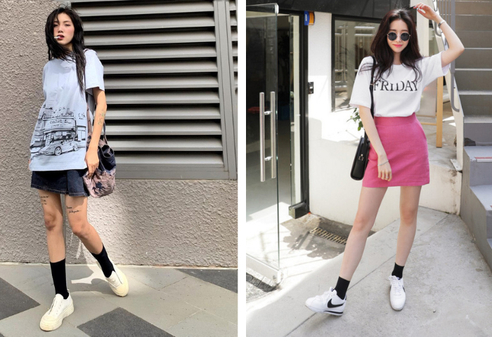Phối áo thun Unisex nữ với chân váy chữ A Phối áo thun Unisex nữ với chân váy chữ A