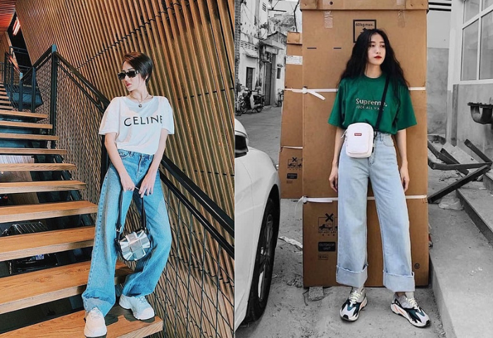 Phối áo thun Unisex nữ với quần jeans ống rộng Phối áo thun Unisex nữ với quần jeans ống rộng