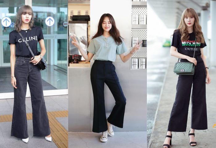 Phối áo thun Unisex nữ với quần jeans ống loe Phối áo thun Unisex nữ với quần jeans ống loe