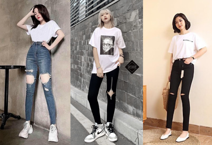Phối áo thun Unisex nữ với quần skinny jeans rách Phối áo thun Unisex nữ với quần skinny jeans rách