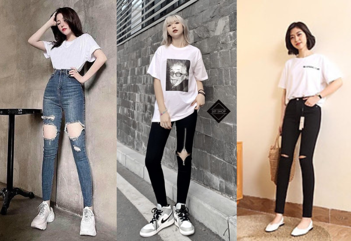 Phối áo thun Unisex nữ với quần skinny jeans rách 