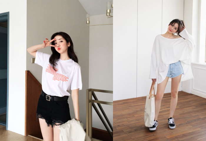 Phối áo thun Unisex nữ với quần short Phối áo thun Unisex nữ với quần short