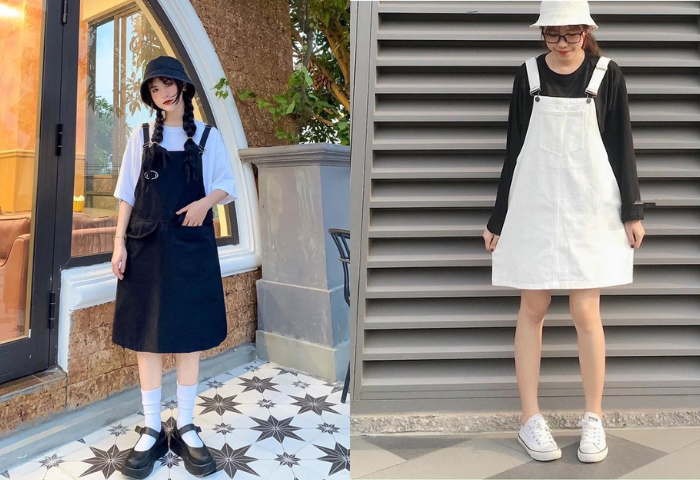 Phối áo thun Unisex nữ với váy yếm Phối áo thun Unisex nữ với váy yếm