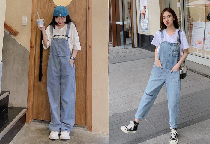 Phối áo thun Unisex nữ với yếm jeans Phối áo thun Unisex nữ với yếm jeans