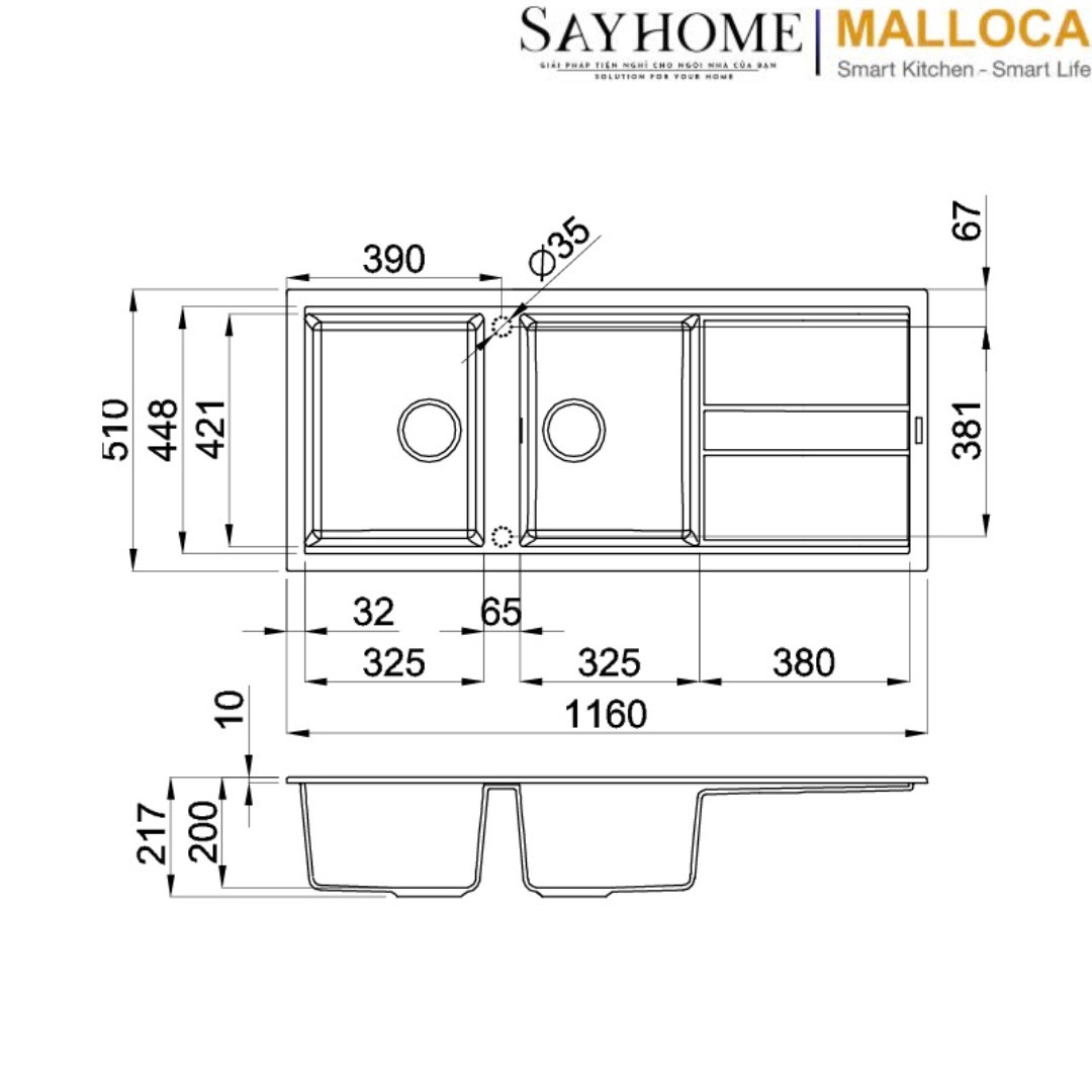Chậu rửa đá 2 ngăn Malloca TORTORA K-50043 tại thành phố Hồ Chí Minh