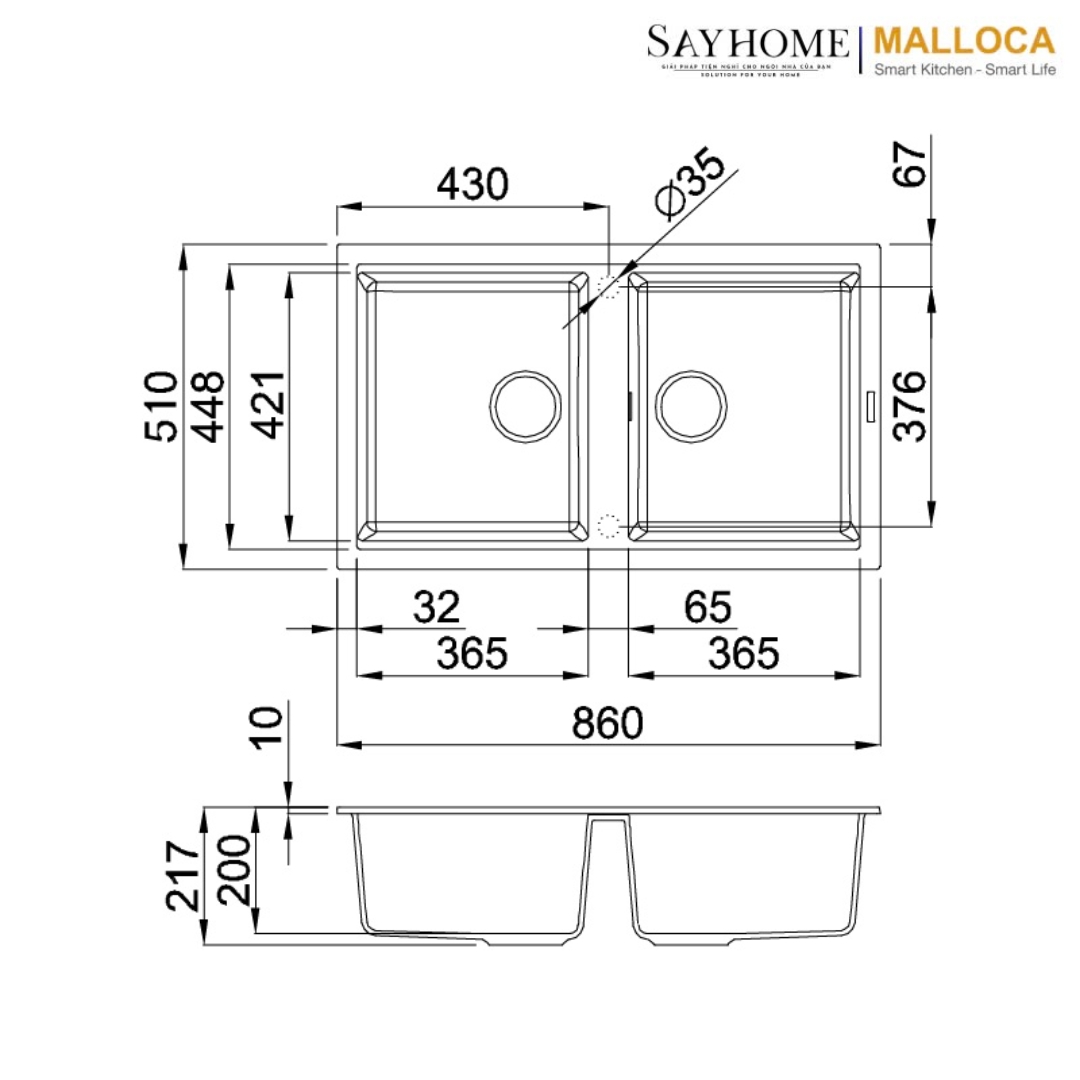 Chậu rửa đá 2 ngăn Malloca TORTORA K-45043 tại thành phố Hồ Chí Minh