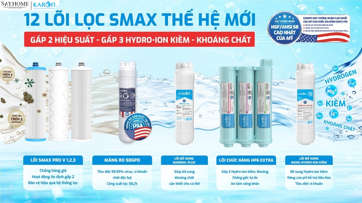 MÁY LỌC NƯỚC NÓNG LẠNH 12 LÕI LỌC KAROFI KAD-X59-sayhome
