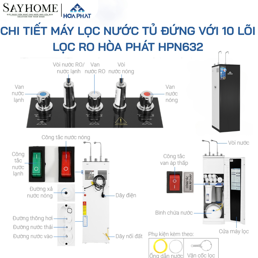 MÁY LỌC NƯỚC NÓNG NGUỘI LẠNH TỦ ĐỨNG VỚI 10 LÕI LỌC RO HÒA PHÁT HPN632