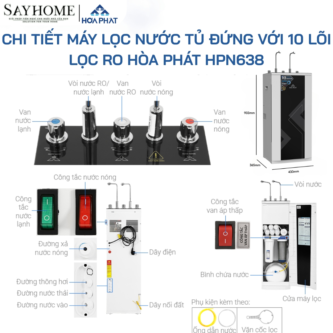 MÁY LỌC NƯỚC NÓNG NGUỘI LẠNH TỦ ĐỨNG VỚI 10 LÕI LỌC RO HÒA PHÁT HPN638 sayhome