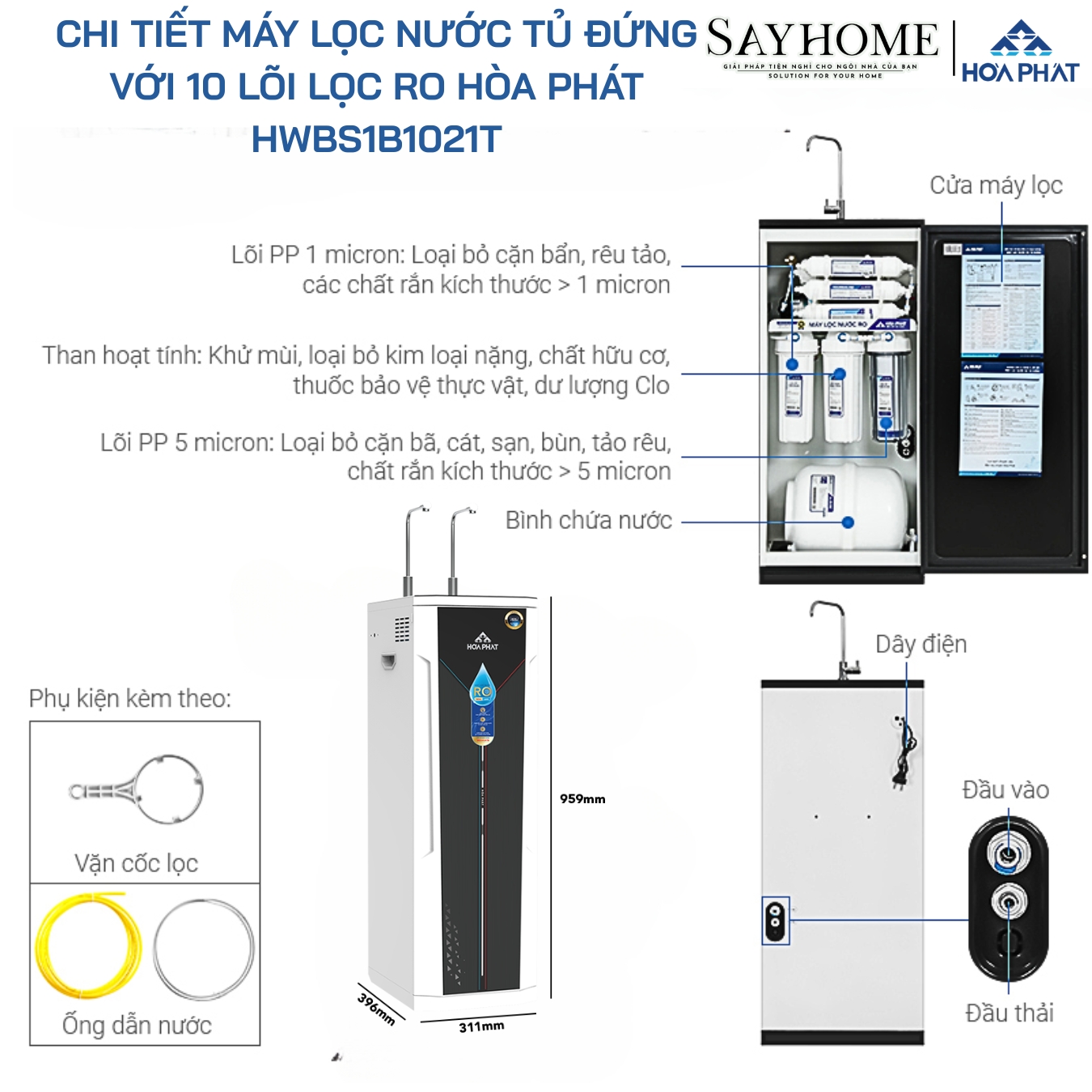 MÁY LỌC NƯỚC TỦ ĐỨNG VỚI 10 LÕI LỌC RO HÒA PHÁT HWBS1B1021T sayhome