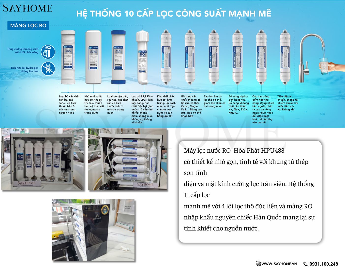 Máy lọc nước RO để gầm Hoà Phát HPU488 với 11 lõi lọc cao cấp SAYHOME