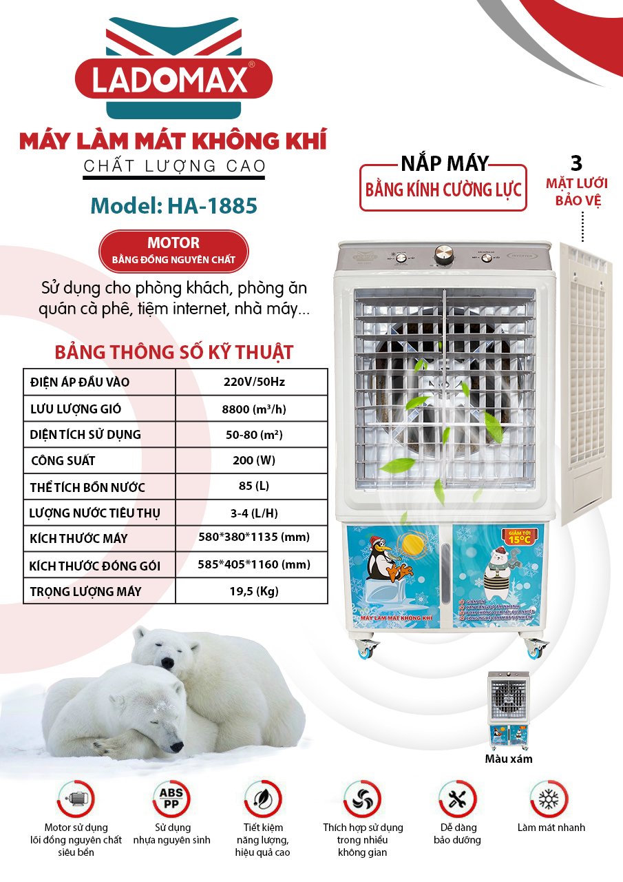 Máy quạt làm mát không khí 85L LADOMAX HA-1885 PHÍM CƠ  - Chính hãng