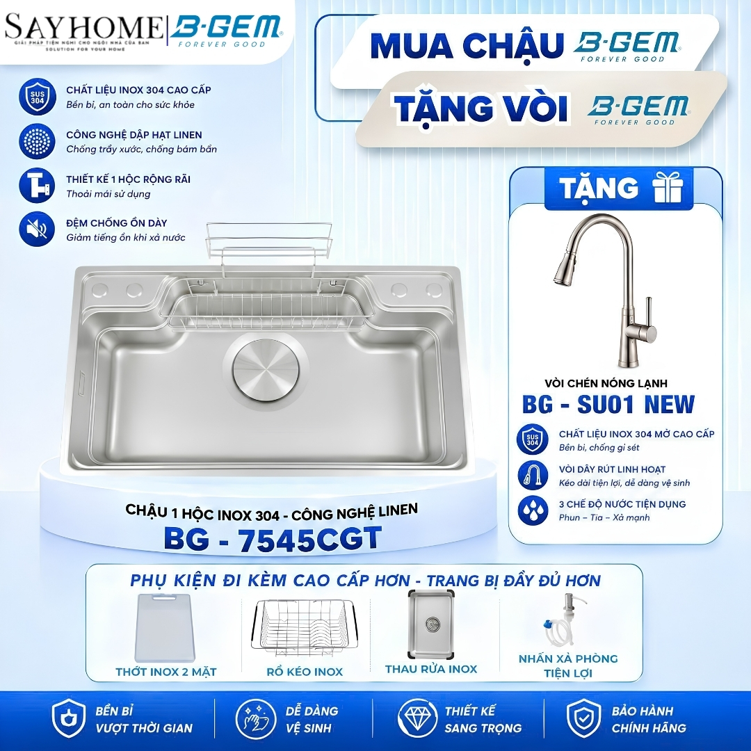 Combo Mua Chậu rửa inox B-GEM BG - 7545CGT – Tặng Vòi rửa dây rút B-GEM BG - SU01 NEW tại thành phố Hồ Chí Minh