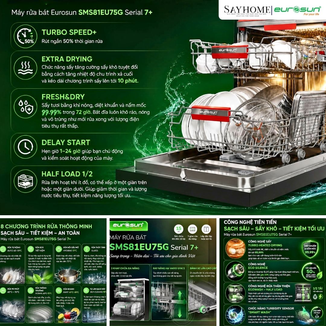 Máy rửa bát độc lập EUROSUN SMS81EU75G 15 bộ đồ ăn tại thành phố Hồ Chí Minh