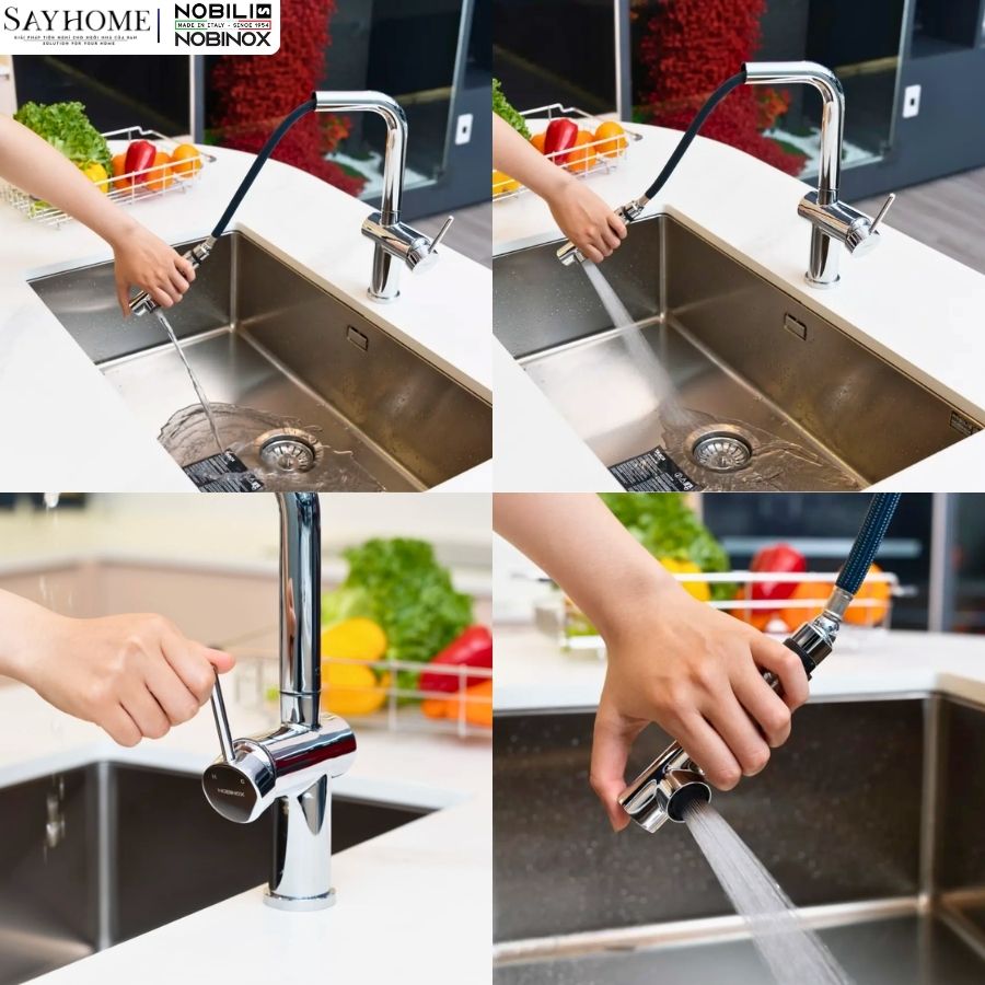 Vòi rửa chén inox NOBINOX BIANCO NX601 dây rút nóng lạnh tại thành phố Hồ Chí Minh