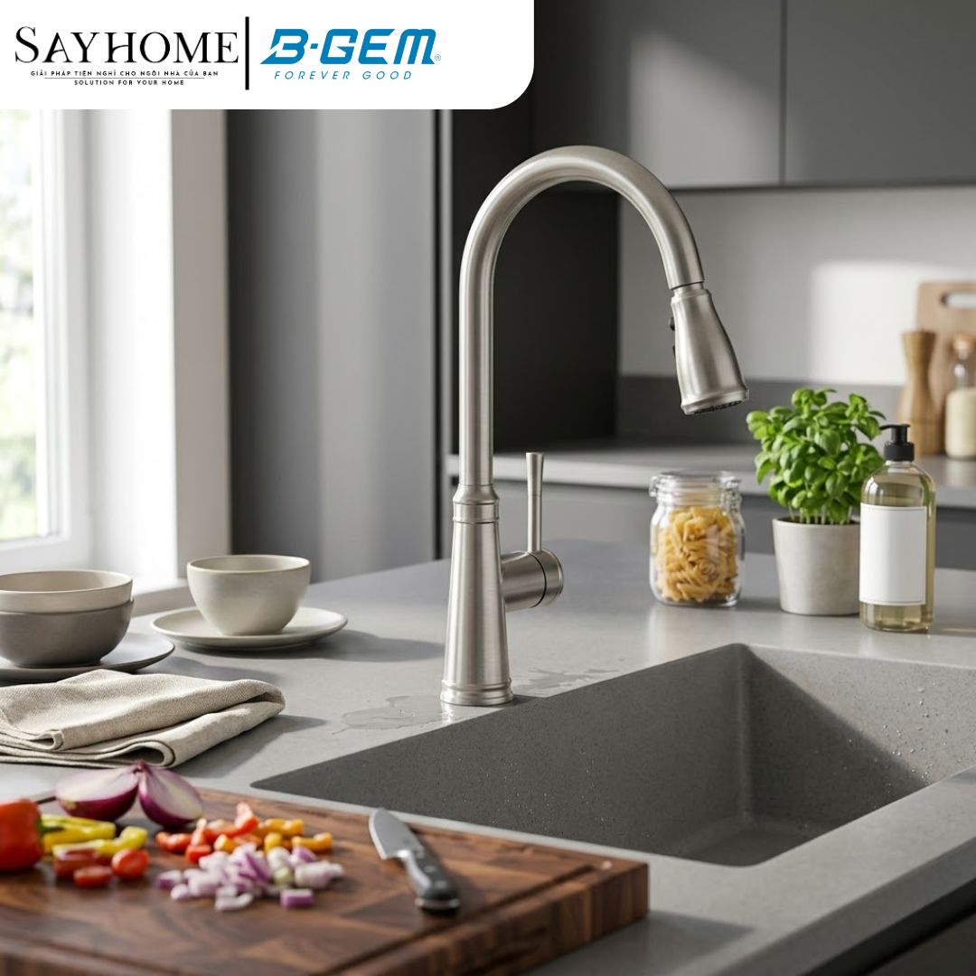 Vòi rửa chén bát B-GEM BG-SU01 NEW nóng lạnh dây rút cao cấp tại Thành phố Hồ Chí Minh