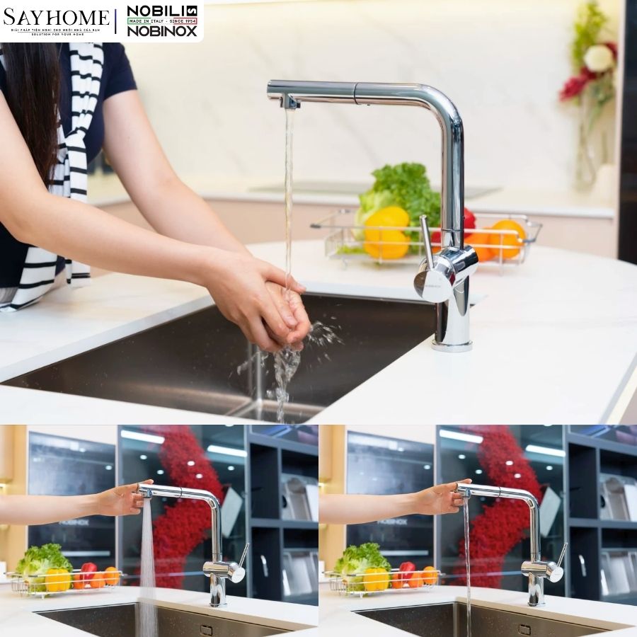 Vòi rửa chén inox NOBINOX BIANCO NX601 dây rút nóng lạnh tại thành phố Hồ Chí Minh