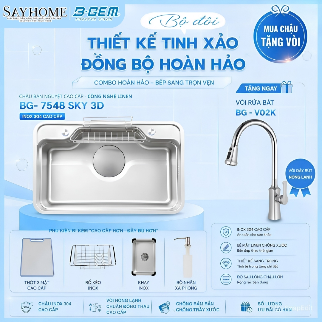Combo Mua Chậu rửa inox BGEM BG-7548 SKY 3D – Tặng Vòi rửa dây rút BG-V02K tại thành phố Hồ Chí Minh