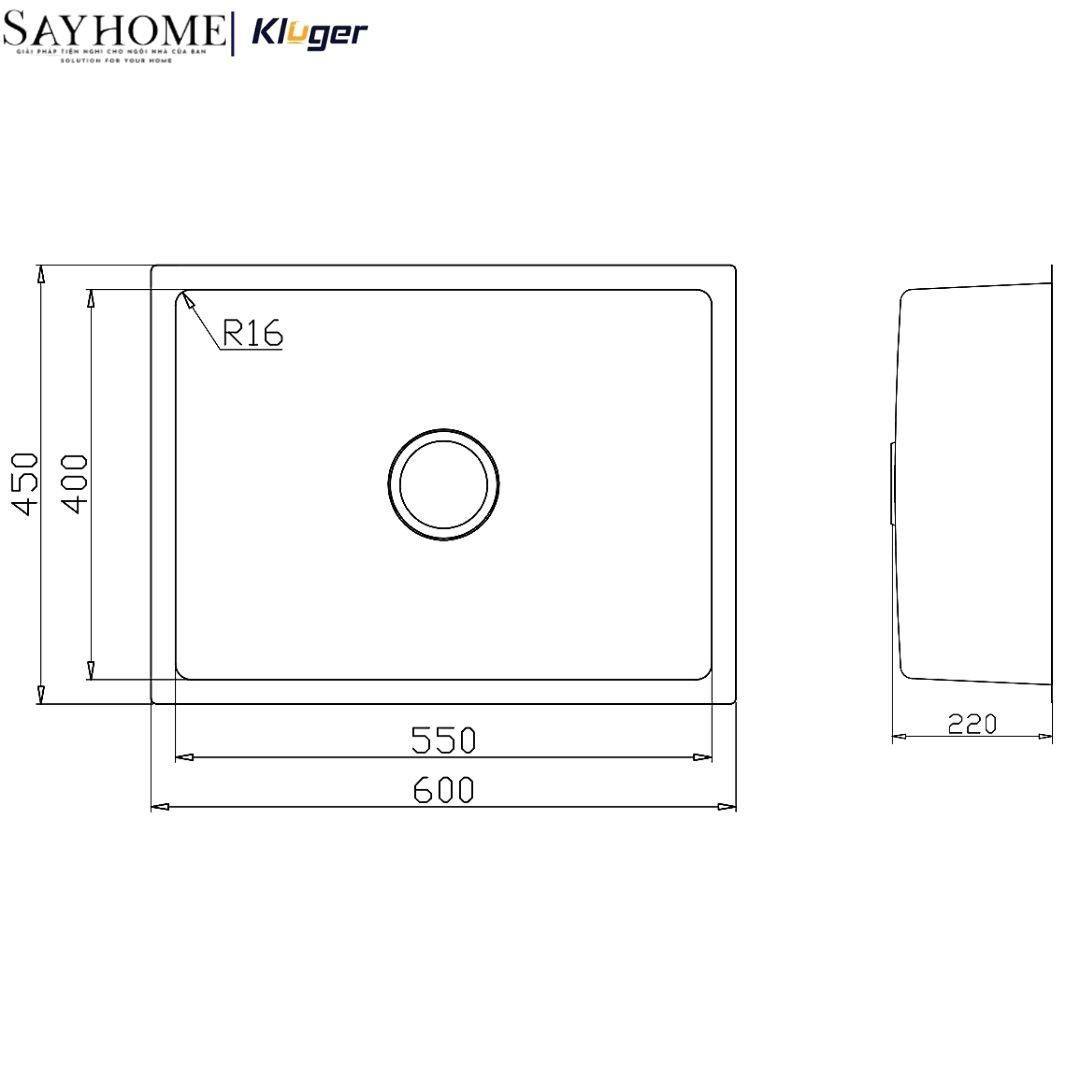 Chậu rửa chén bát 1 hố Nhật Kluger KU6045FS Basic - Hàng chính hãng