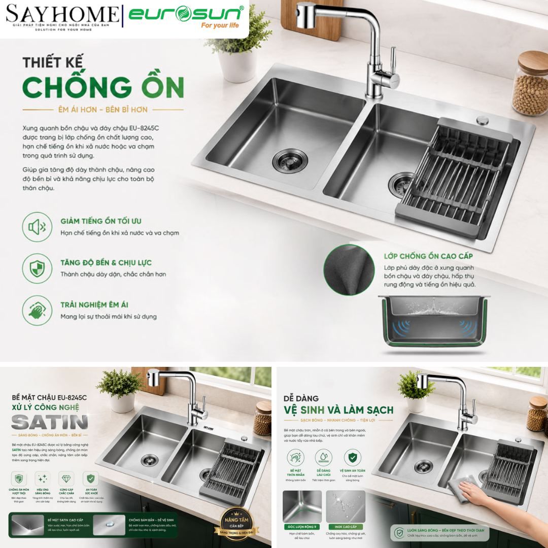 Chậu rửa chén bát 2 hố inox 304 EUROSUN EU-8245C tại thành phố Hồ Chí Minh