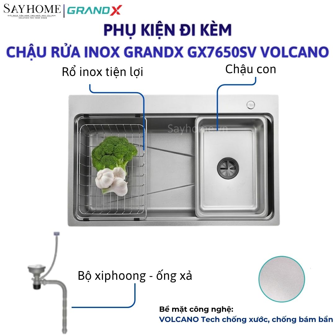 Chậu rửa chén bát 1 hố inox 304 GRANDX GX7650SV VOLCANO 76cm tại thành phố Hồ Chí Minh