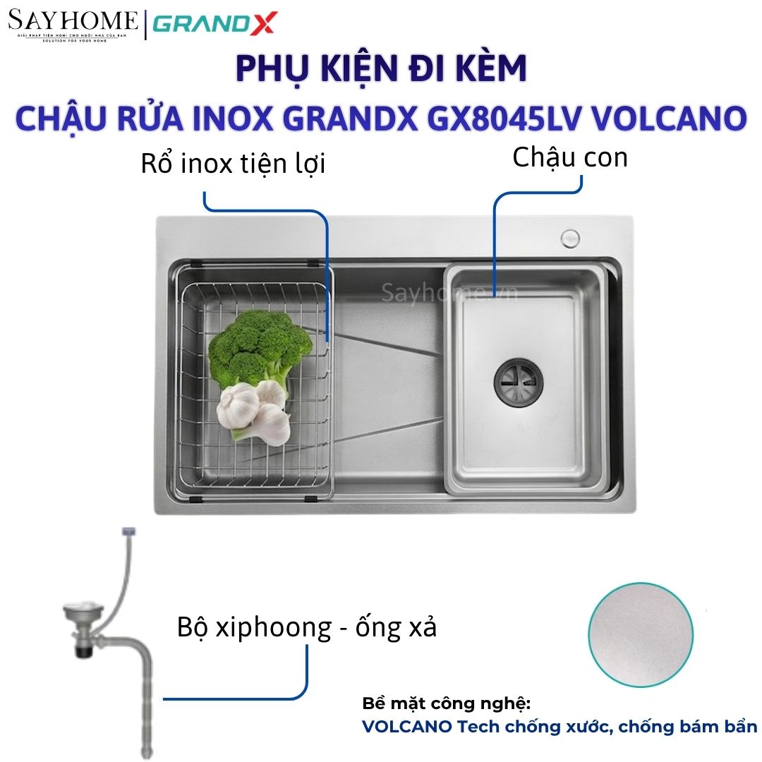 Chậu rửa chén bát 1 hố inox 304 GRANDX GX8045LV VOLCANO 80cm tại thành phố Hồ Chí Minh