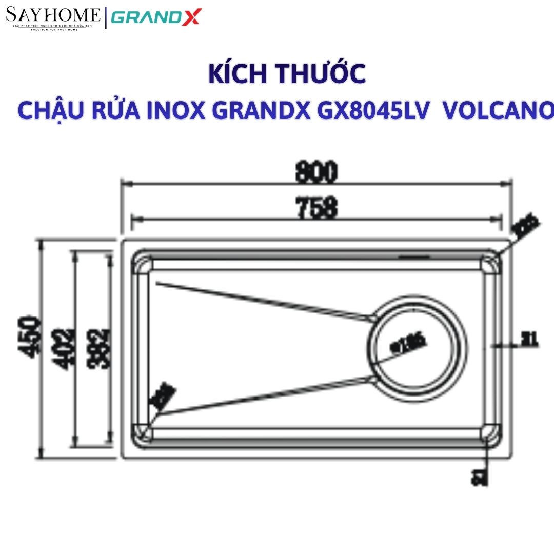 Chậu rửa chén bát 1 hố inox 304 GRANDX GX8045LV VOLCANO 80cm tại thành phố Hồ Chí Minh