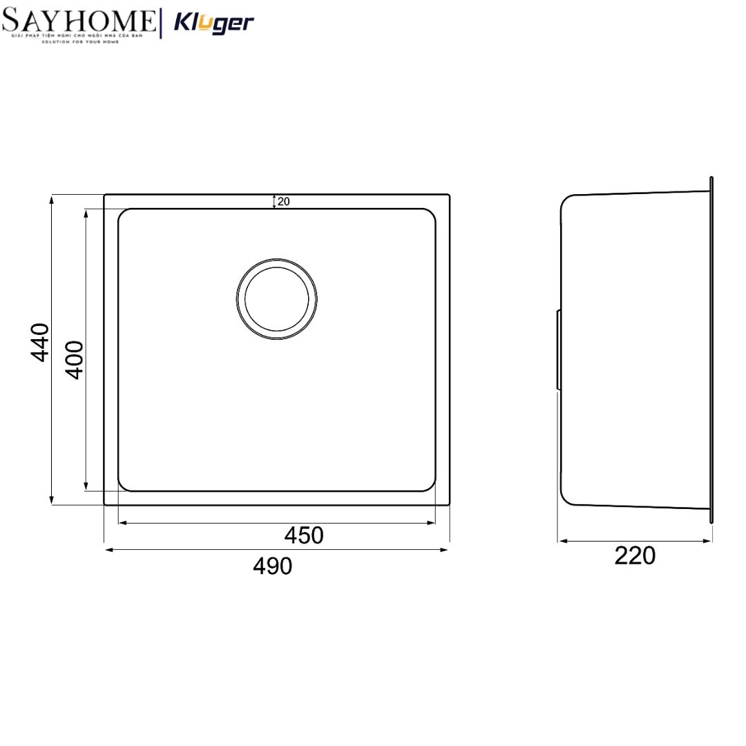 Chậu rửa chén bát 1 hố Nhật Kluger KU5044FS Basic - Hàng chính hãng