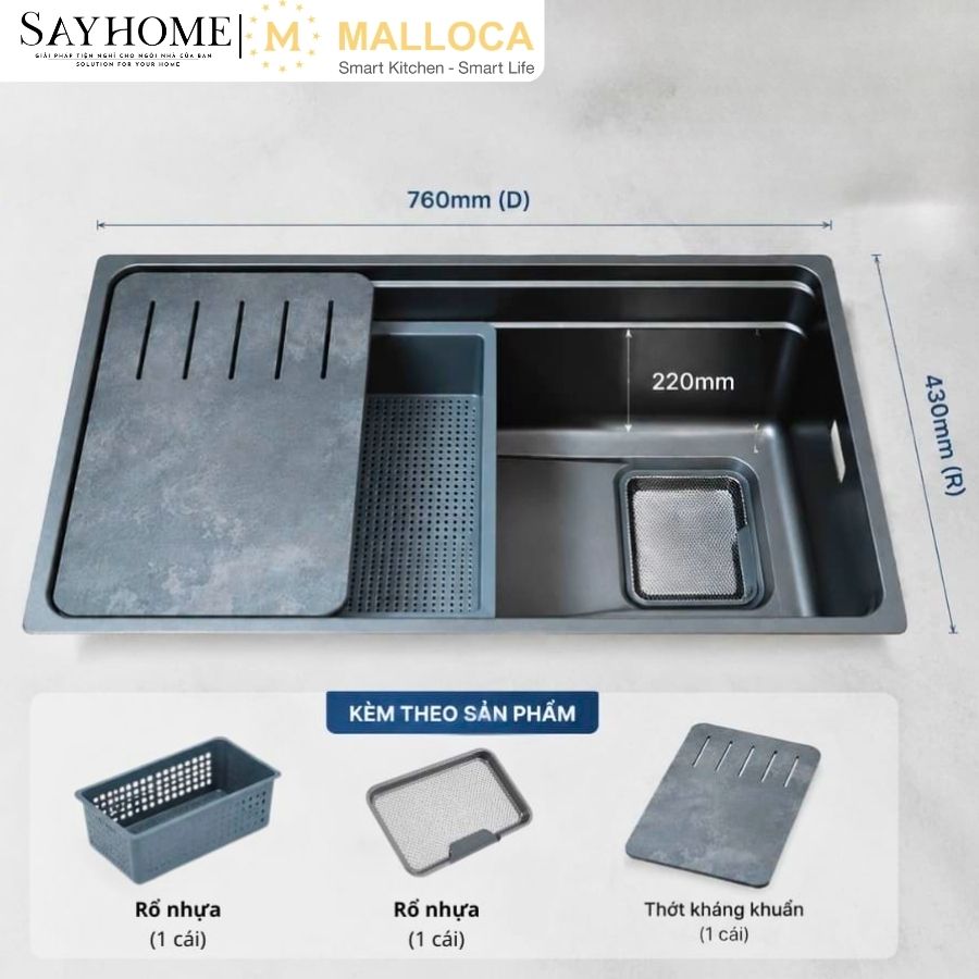 Chậu rửa chén bát 1 hố inox 304 MALLOCA Volcanic MS7743GR tại thành phố Hồ Chí Minh