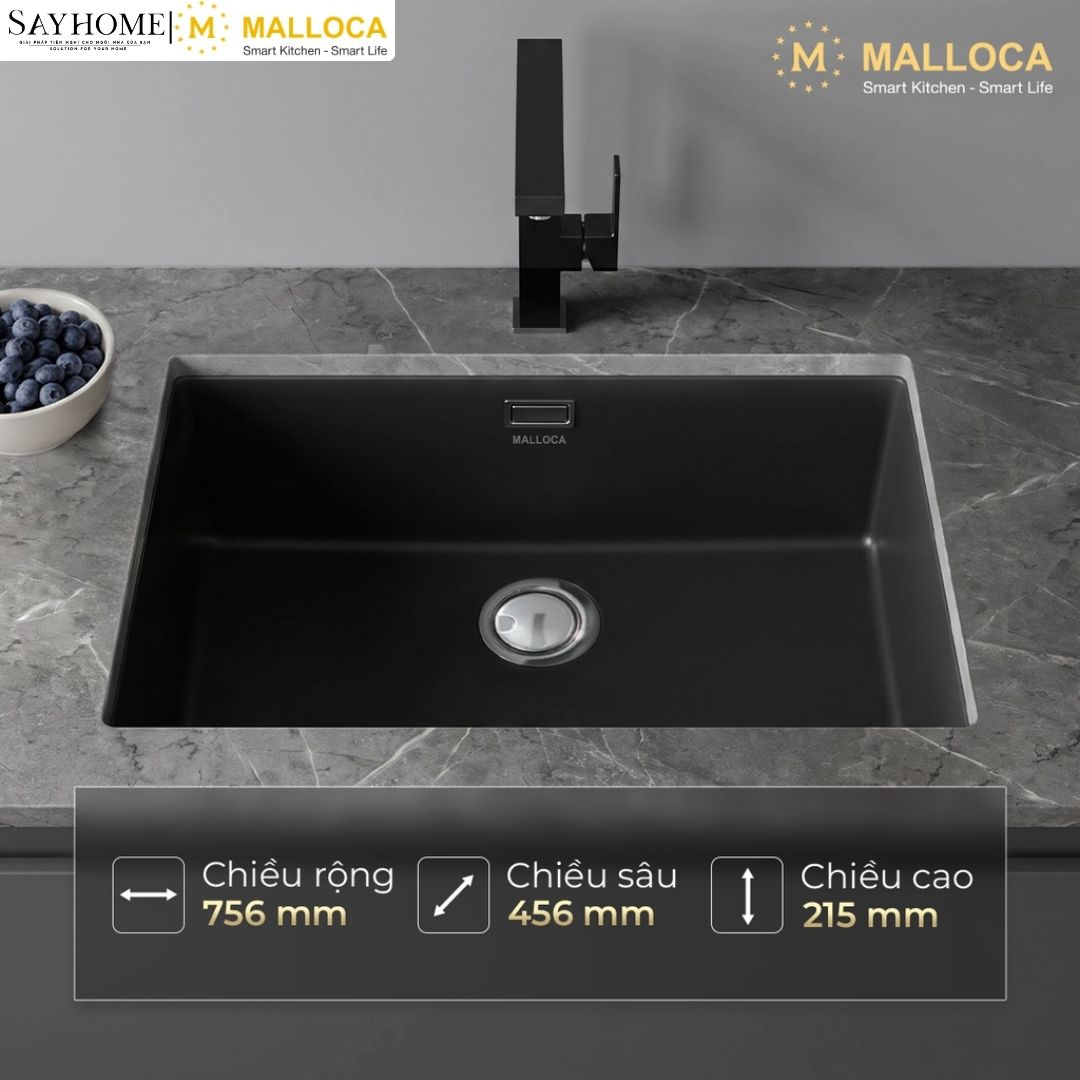 Chậu rửa chén bát đá Granite 1 hố MALLOCA ZEN K-13040 75cm tại Thành phố Hồ Chí Minh